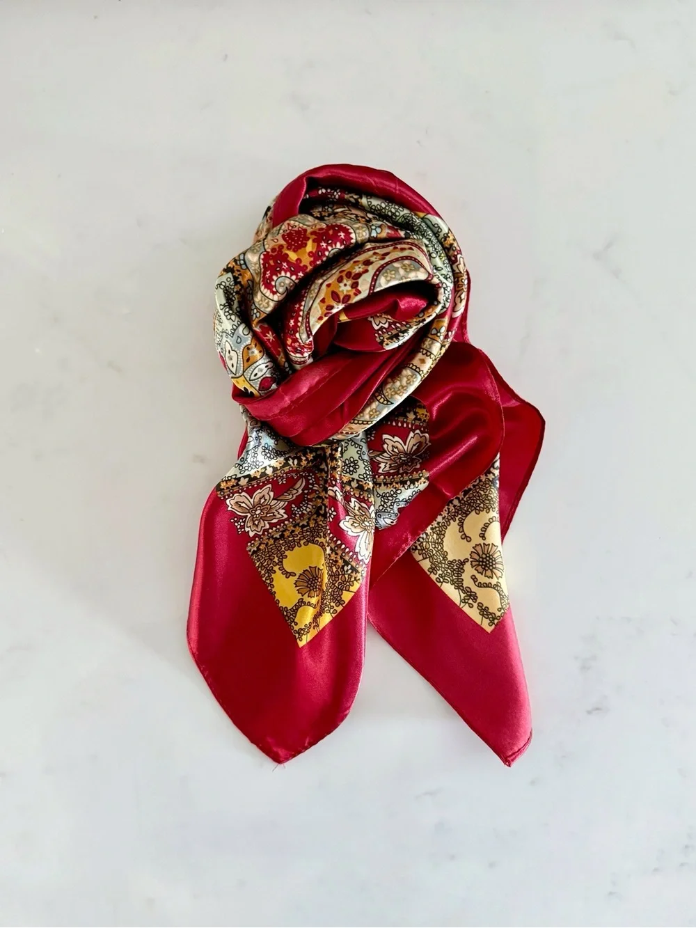 Boho Paisley Print Silky Satin Square Neck Scarf, Red Maroon Burgundy & Gold
